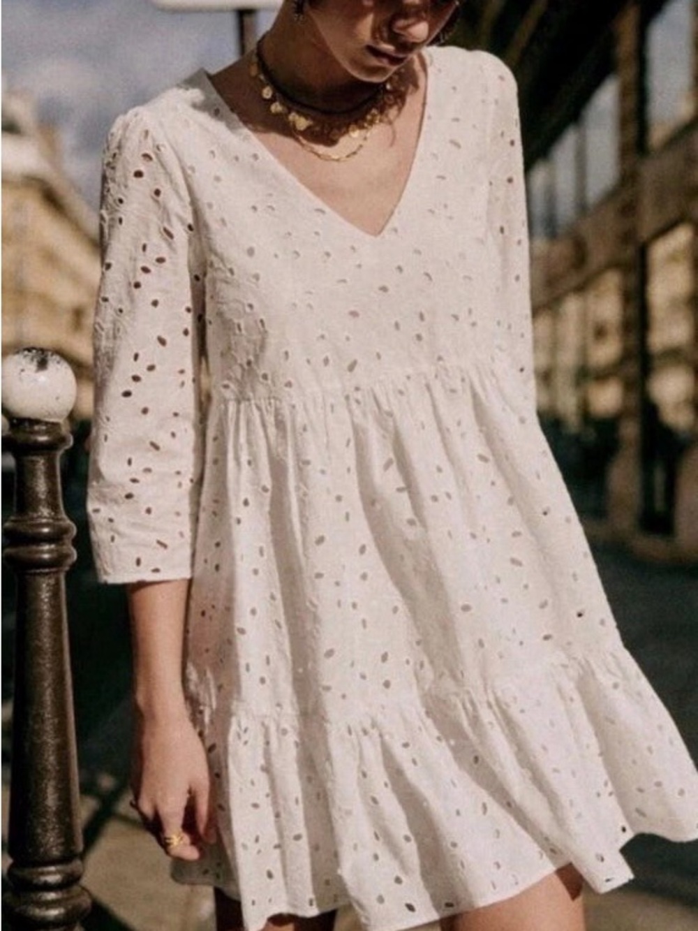 NWOT SEZANE Aura Dress in Ecru, V-Neck Eyelet Swing Dress Ivory White